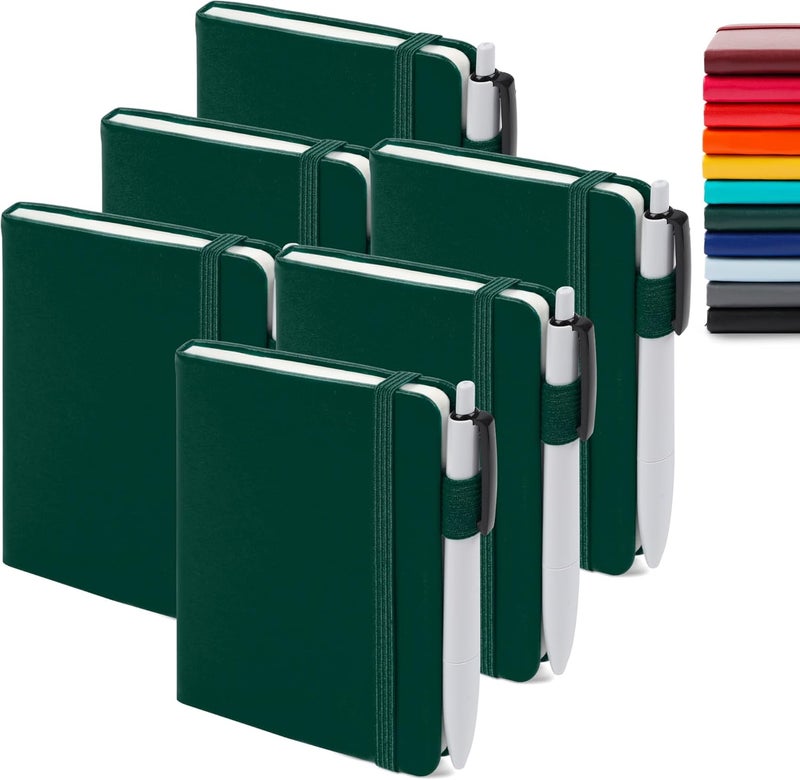 Feela 6 Pack Pocket Mini Notebooks Bulk, Small Cute Memo Notepads Hardcover College Ruled Lined Journals with Pen Holder for School Business Work, with 6 Black Pens, 3.5”x 5.5”, A6, Dark Green - Image 1